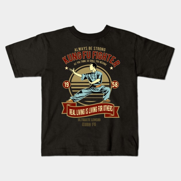 Vintage Kung Fu Fighter Kids T-Shirt by RockabillyM